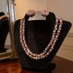 Vintage Pink Aurora Borealis Crystal Necklace & Clip-On Earrings Set